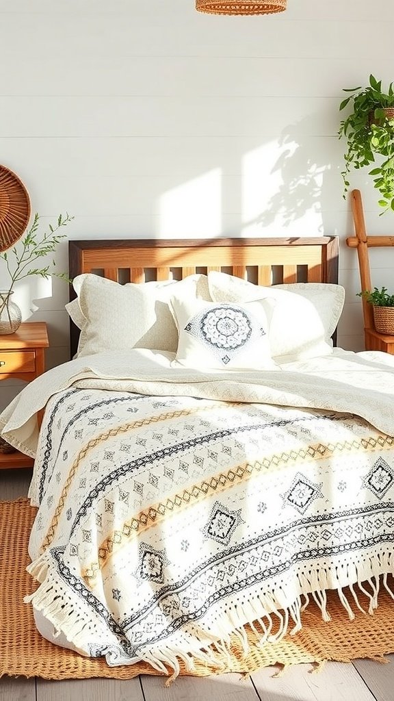 White Boho Western Farmhouse Bedding by Mairêve with intricate patterns and a cozy look