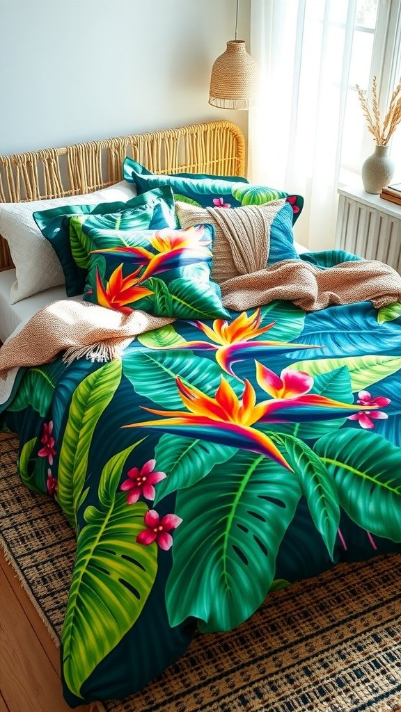 Tropical Duvet Cover by Morromorn featuring vibrant floral patterns and lush green leaves on a bed with neutral accents.