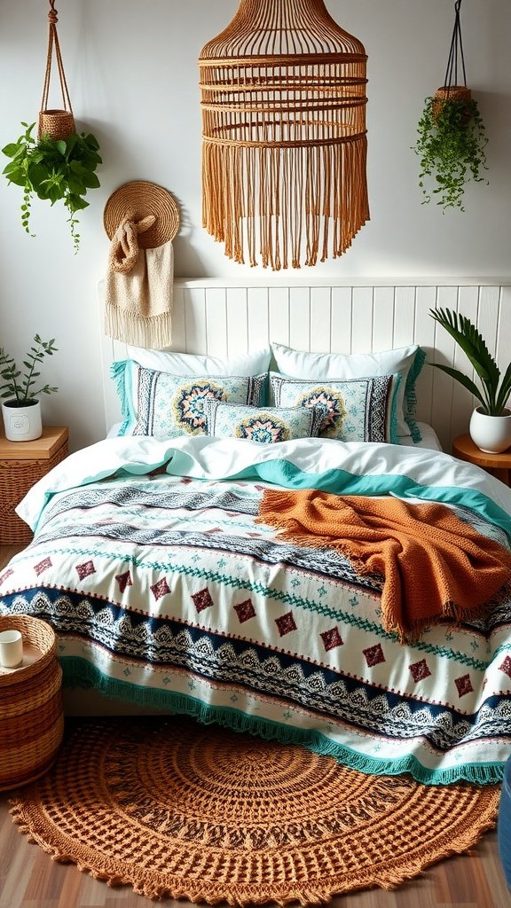 Turquoise Boho Duvet Cover Set with intricate patterns and matching pillows, styled in a cozy bedroom.