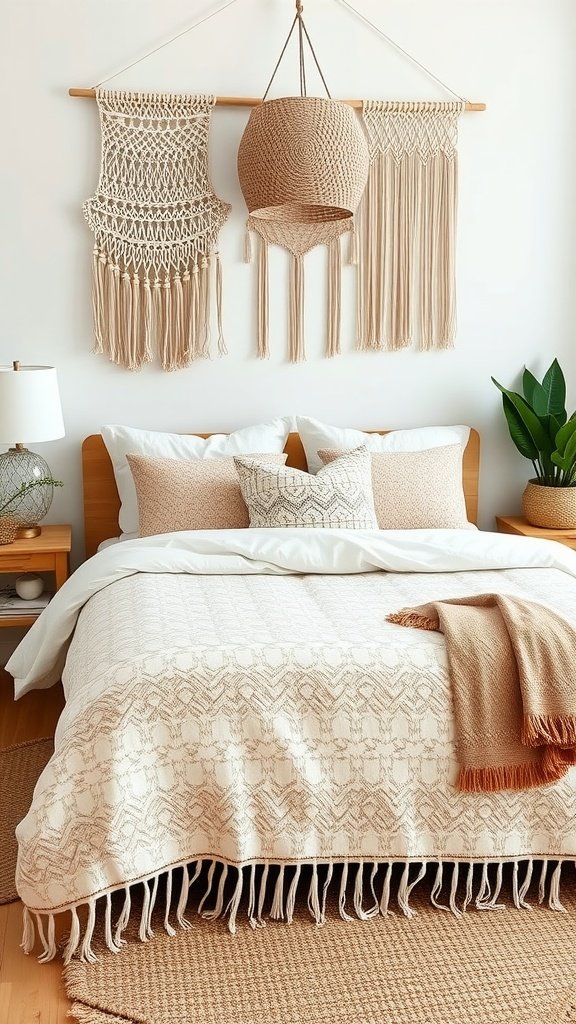 Tufted tassel duvet cover in a Boho style bedroom with macrame wall decor and neutral tones