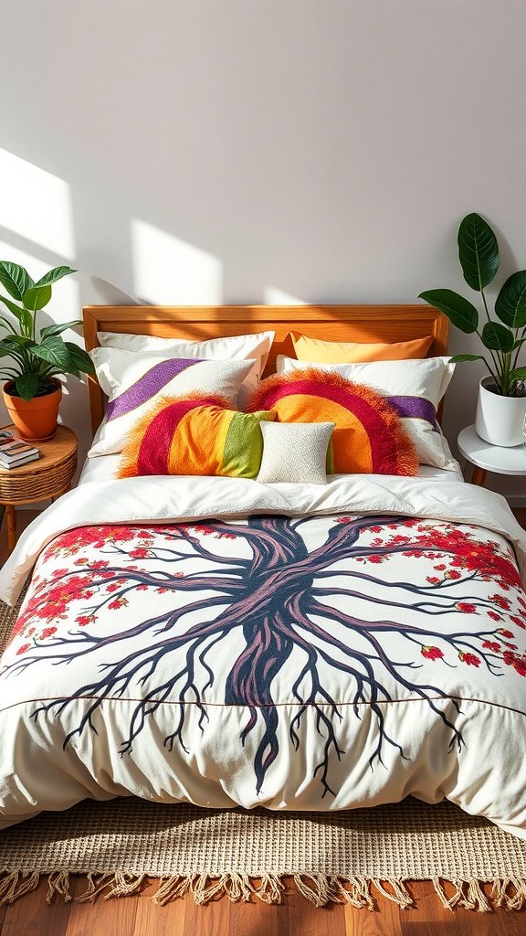 A cozy bedroom featuring a Rainbow Tree Duvet Bedding Set by Swanson Bedding with vibrant colors and decorative pillows.