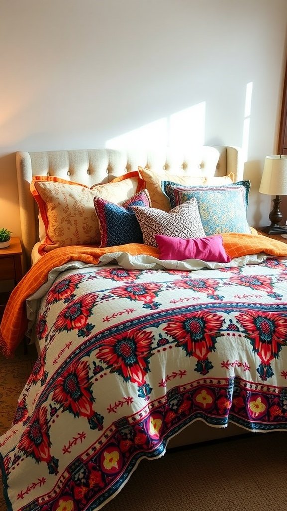 Jules Quilt Comforter Set by Levtex Home featuring vibrant floral patterns and colorful throw pillows.