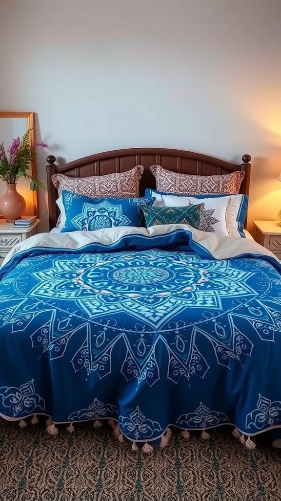 Blue Mandala Duvet Cover Set By Sleepwish on a bed with decorative pillows and a plant in the background