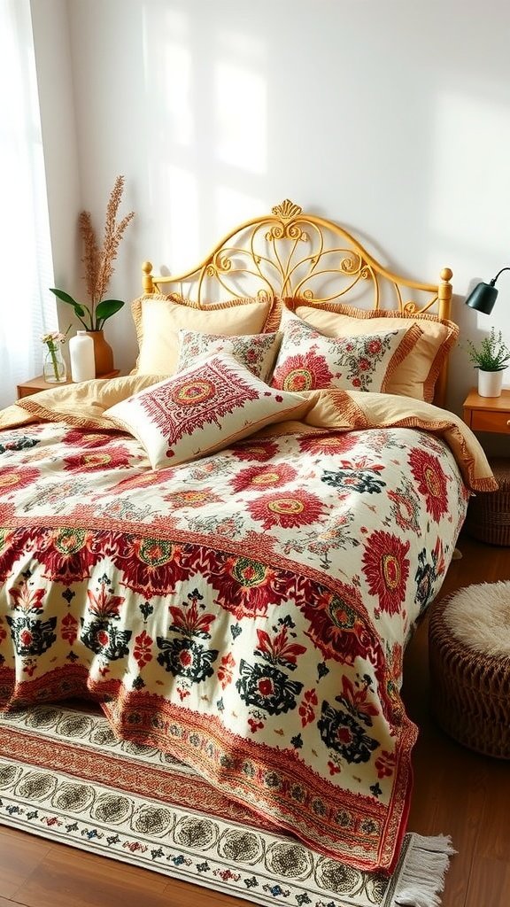 Cozy bedroom featuring a European Style Bohemian Comforter Set by Erosebridal with floral patterns and warm tones.