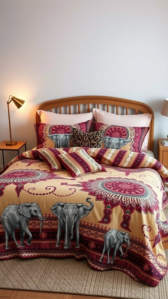 Boho Elephant Printed Bedding featuring elephants and intricate patterns on a warm background