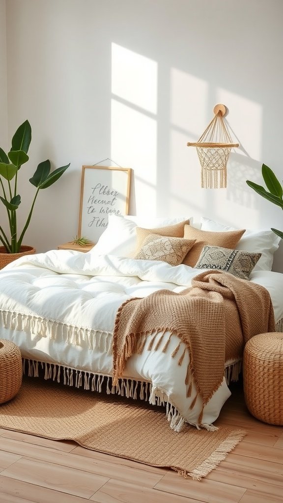 Cozy bedroom with a white cotton tassel duvet cover, surrounded by plants and Boho decor.