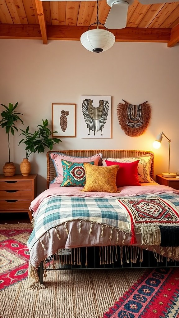 A cozy Bohemian styled bedroom featuring colorful bedding, decorative pillows, and natural decor.