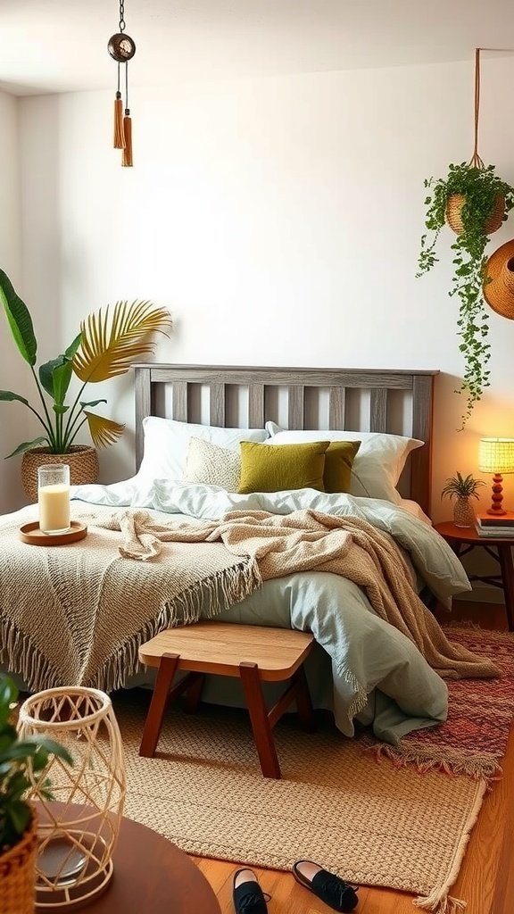 A cozy Modern Boho Bedroom featuring a bed with a footrest, soft bedding, and indoor plants.