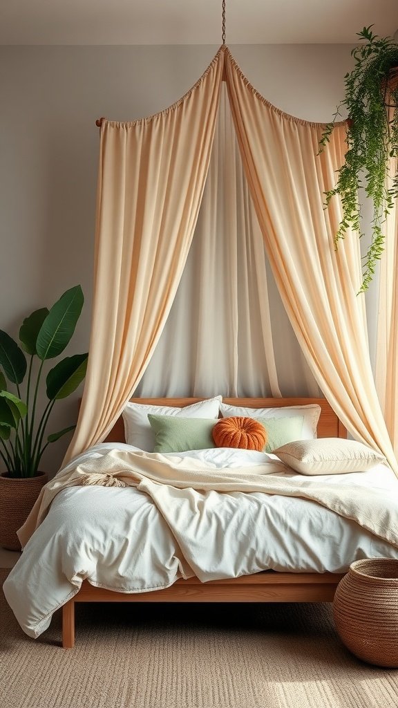 A cozy bedroom featuring a canopy bed with soft drapes and natural decor.