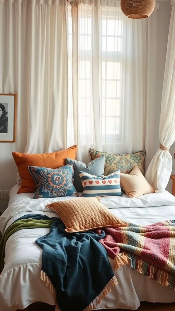 A cozy bed with an assortment of colorful pillows and blankets in a minimalist Boho bedroom