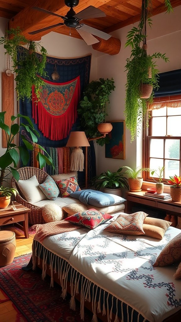 A modern bohemian bedroom featuring a mix of lush plants, vibrant textiles, and cozy seating