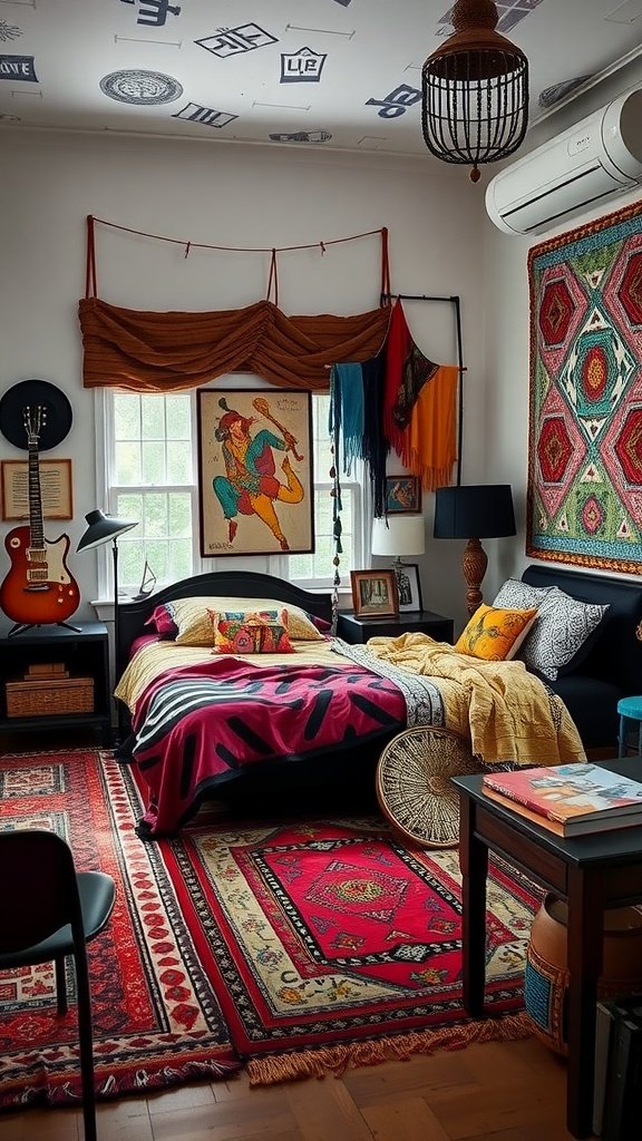 A vibrant Modern Boho bedroom featuring eclectic patterns, colorful rugs, and dynamic wall decorations.