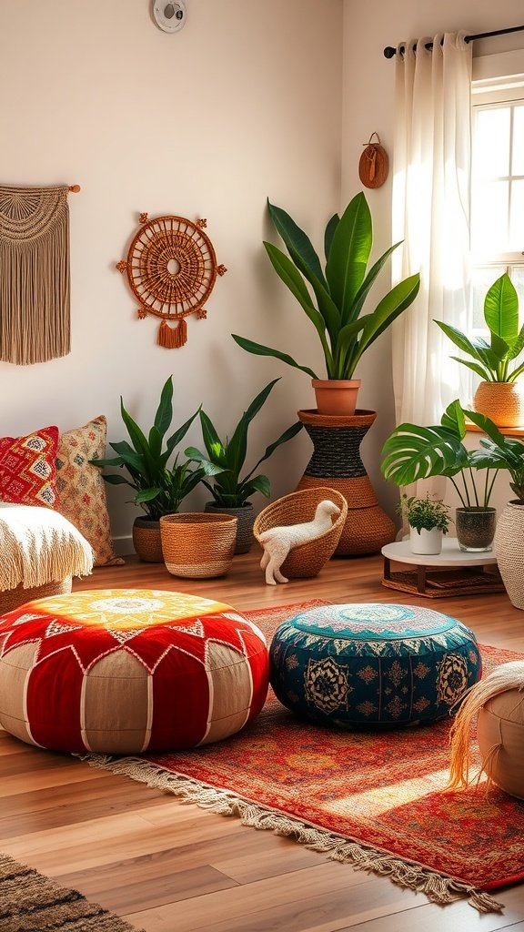 A cozy boho bedroom featuring colorful poufs and plants