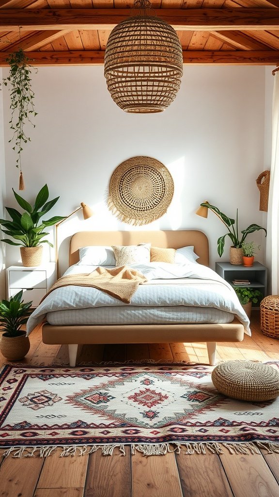 A modern boho bedroom featuring a stylish bed, rattan pendant light, plants, and a patterned rug.