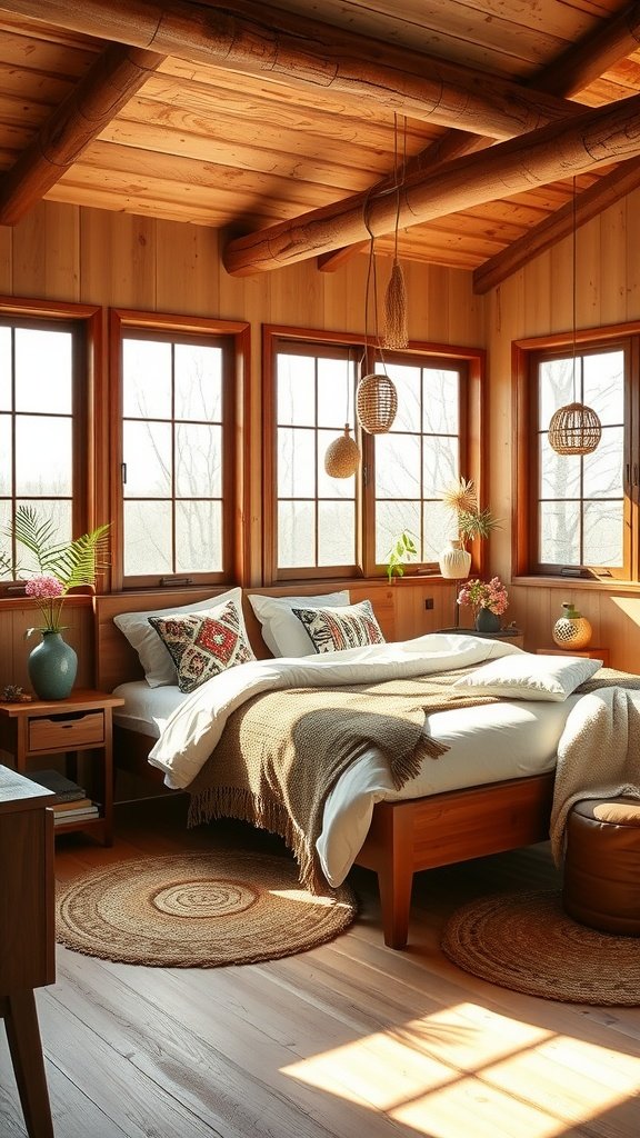 Cozy Boho Mid-Century Modern bedroom with wooden furnishings, patterned pillows, and natural light