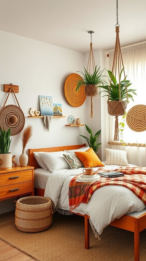 A cozy Boho Mid-Century Modern Bedroom featuring woven accents and hanging plants.