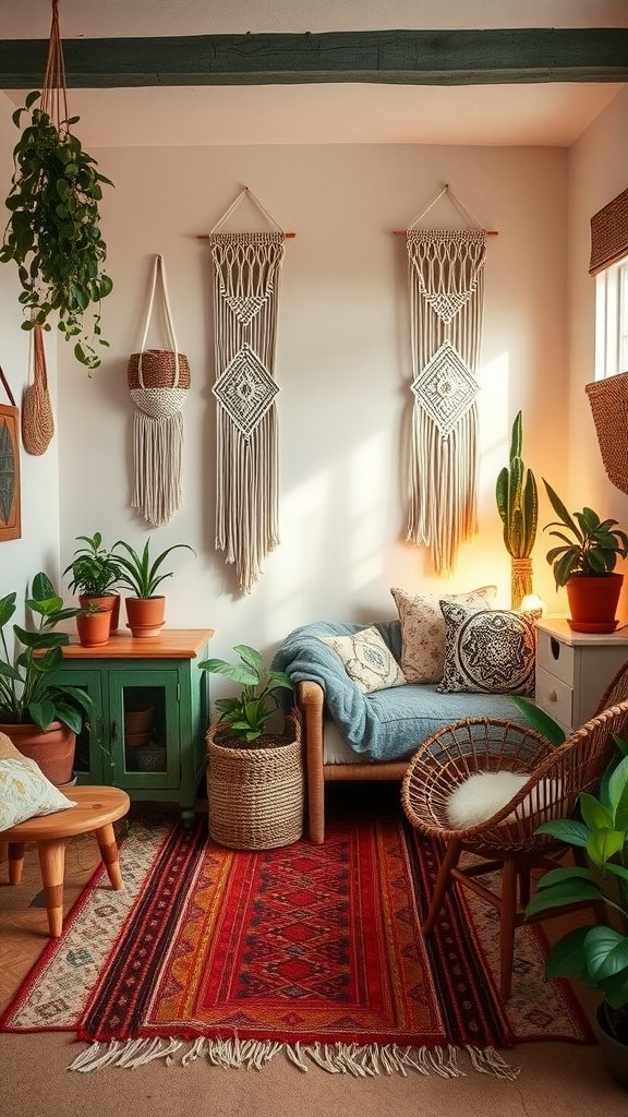 A cozy artistic Boho bedroom featuring a woven rug, macramé wall hangings, plants, and warm lighting.