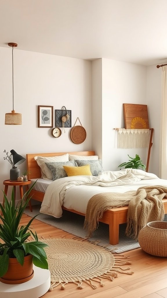 A cozy, artistic boho bedroom featuring wooden furniture, plants, and minimalist decor