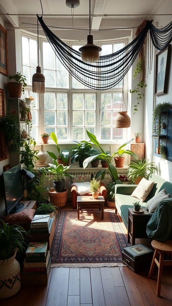 A cozy bohemian studio filled with plants, a green sofa, and warm sunlight