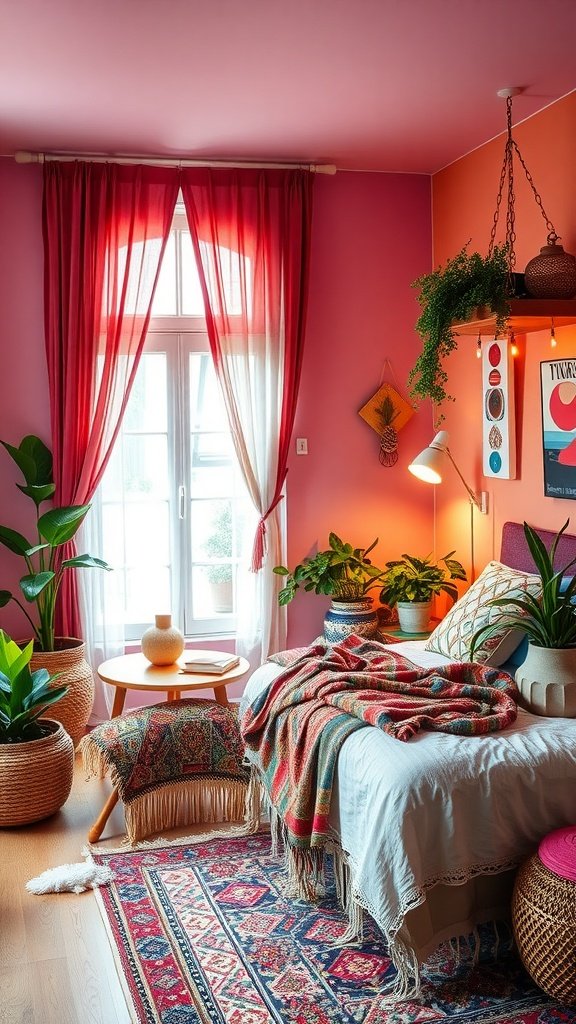 A colorful boho bedroom with pink walls, red curtains, plants, and layered textiles.