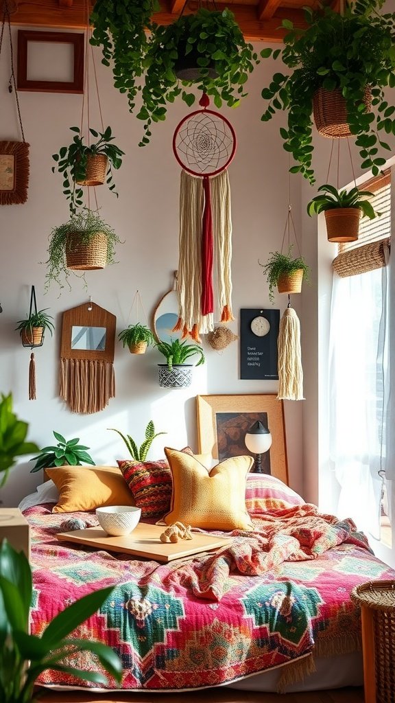 Bohemian style teenage bedroom with colorful bedding and hanging plants