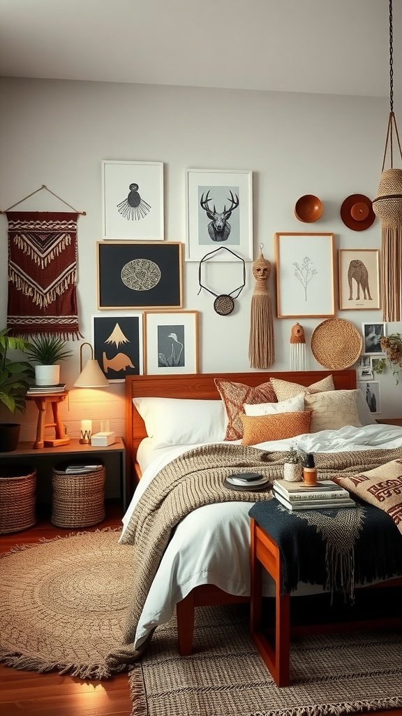 A beautifully styled boho bedroom featuring an eclectic mix of wall artworks and hangings, showcasing various textures and colors.