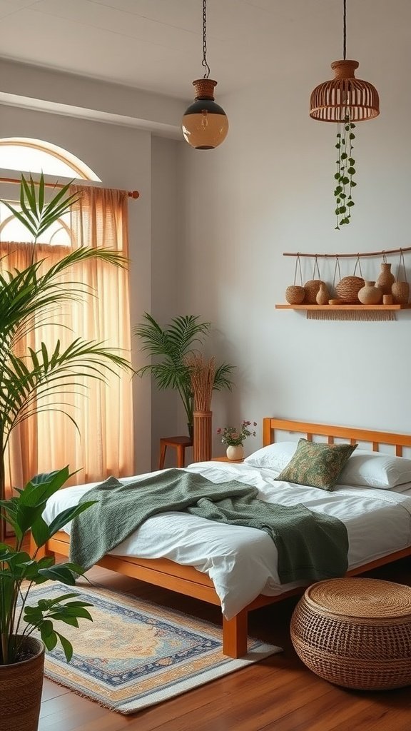 A serene bedroom with Asian-inspired decor featuring a wooden bed, plants, and soft natural light.