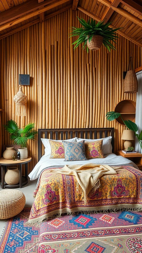 Cozy bedroom featuring bamboo wall panels and colorful bedding