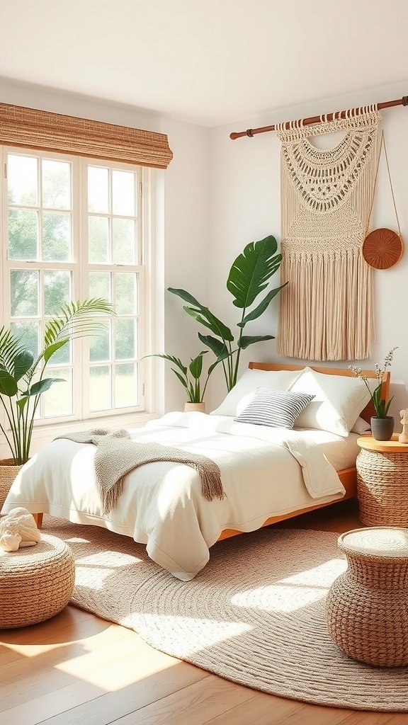 A bright and airy boho bedroom featuring a soft bed, macramé wall art, and green plants.