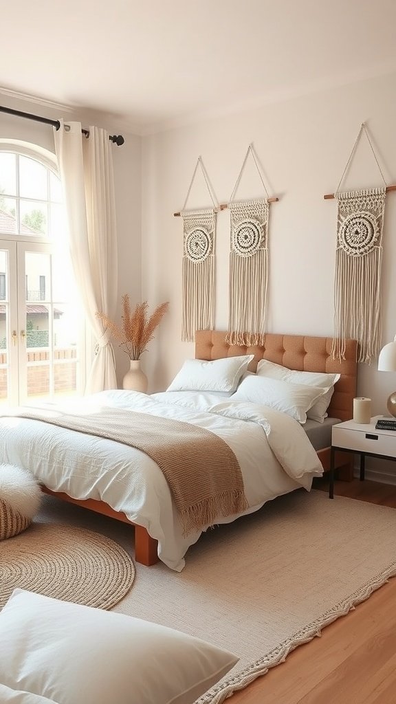 A stylish beige accent white bedroom with macramé wall hangings and natural elements