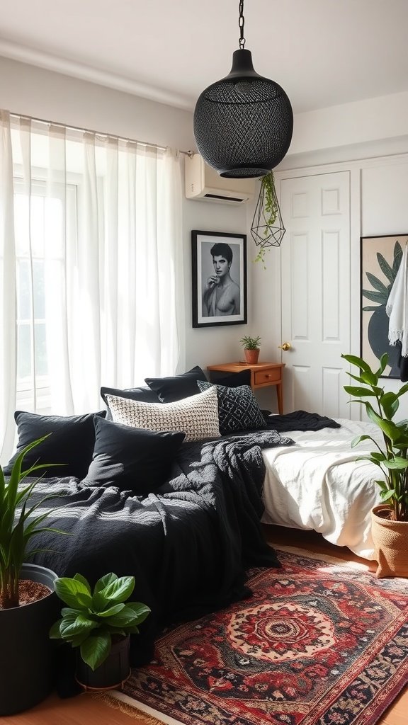 Chic boho bedroom featuring black accents, plants, and cozy bedding.