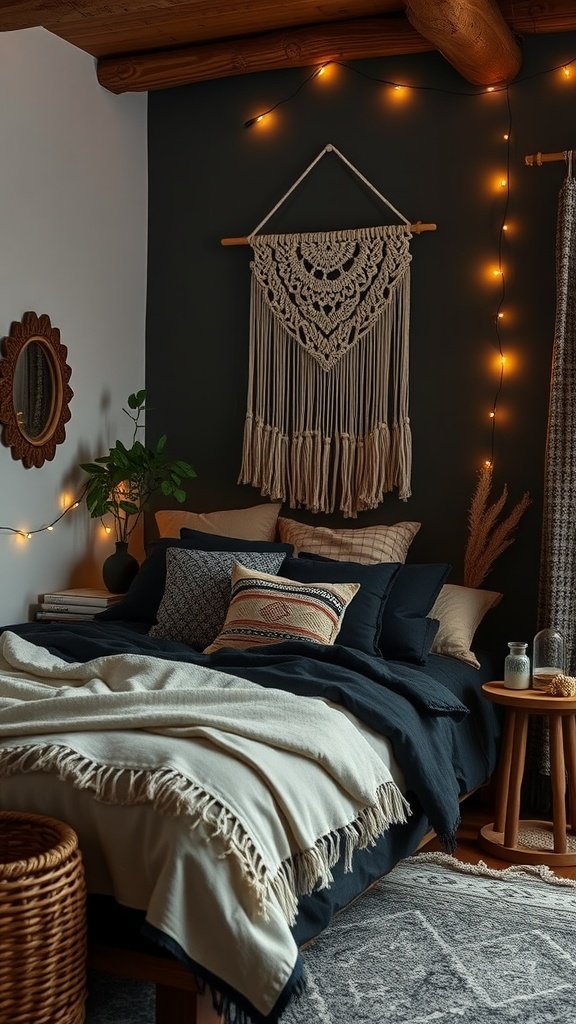 A cozy bohemian bedroom featuring black and brown decor, with soft bedding, a macrame wall hanging, and warm string lights.