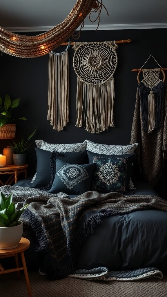 A cozy bedroom featuring black walls, layered bedding in brown tones, and Boho-style macramé wall hangings.