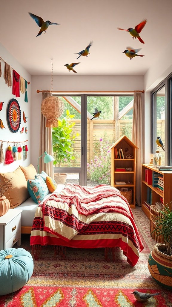 A colorful Bohemian bedroom with bird decorations, cozy bed, and natural light.