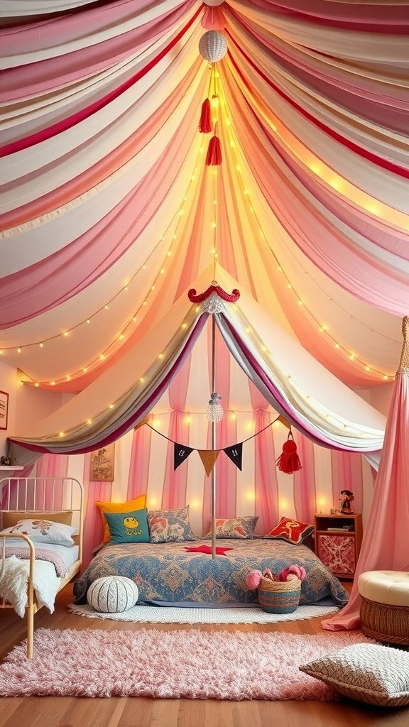 A colorful Bohemian circus-themed bedroom with a pink and white fabric canopy, fairy lights, and cozy bedding.