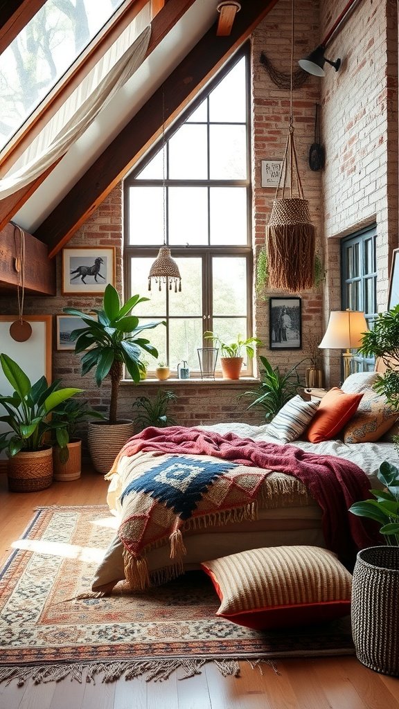 A cozy Bohemian loft bedroom featuring exposed brick walls, large windows, layered bedding, plants, and warm lighting.