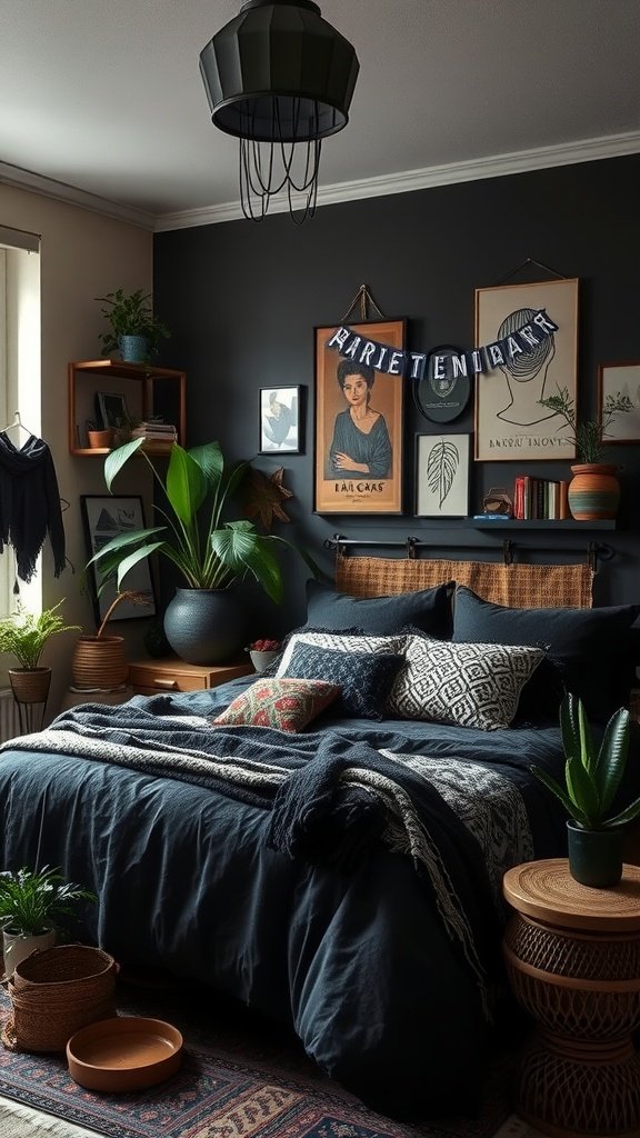 A cozy black bohemian bedroom featuring dark walls, a layered bed with pillows, plants, and artwork.