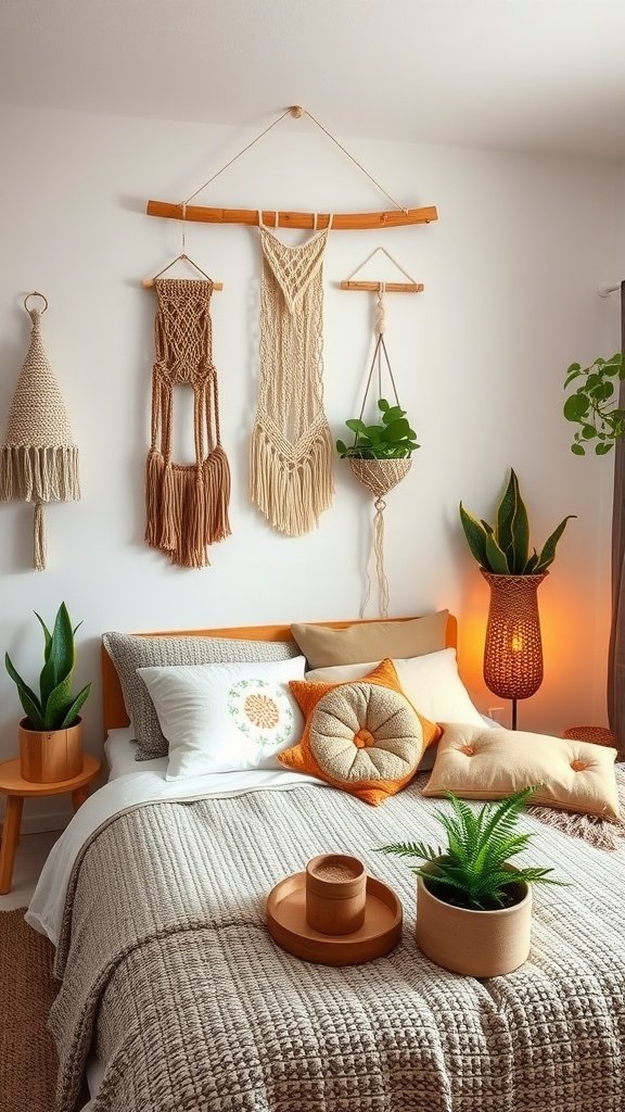 A cozy boho-chic guest bedroom with textured bedding, macramé wall hangings, and plants.