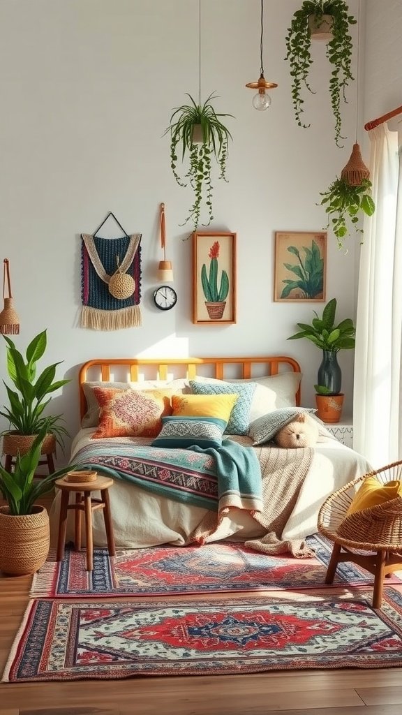 A cozy, eclectic boho bedroom featuring a wooden bed with colorful pillows, plants, artwork on the walls, and a patterned rug.