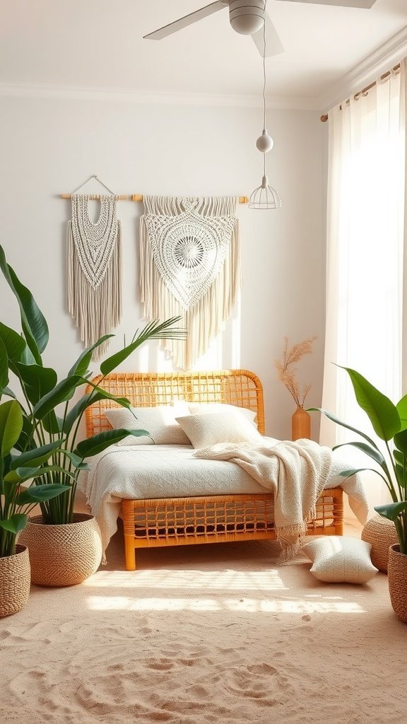 A cozy boho-style bedroom featuring a rattan bed, macrame wall decor, and leafy plants, creating a serene atmosphere.