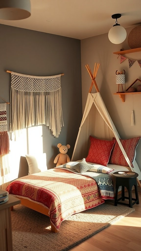 A cozy Boho bedroom for kids with a single bed, colorful blankets, and a teepee.