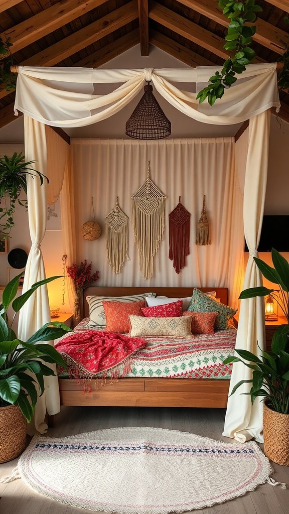 A cozy boho bedroom with a canopy bed adorned with colorful patterned bedding and surrounded by lush plants.