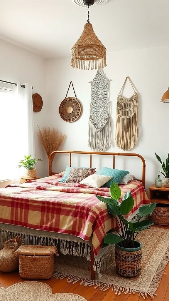 A chic boho bedroom featuring a plaid bedspread, woven wall decor, and raffia lighting.