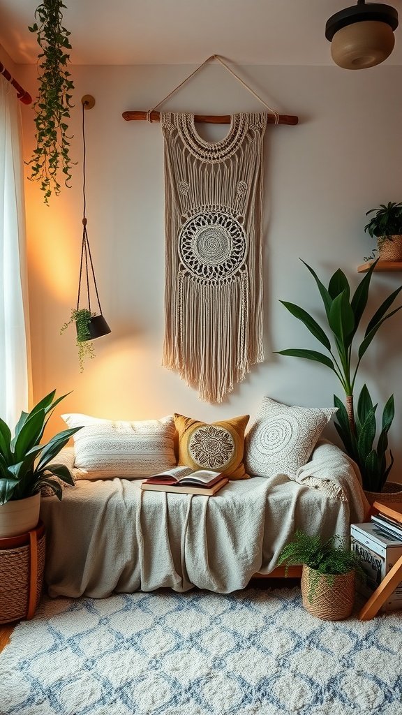 A cozy reading nook featuring a layered sofa with pillows, a macramé wall hanging, plants, and a book on a soft rug.