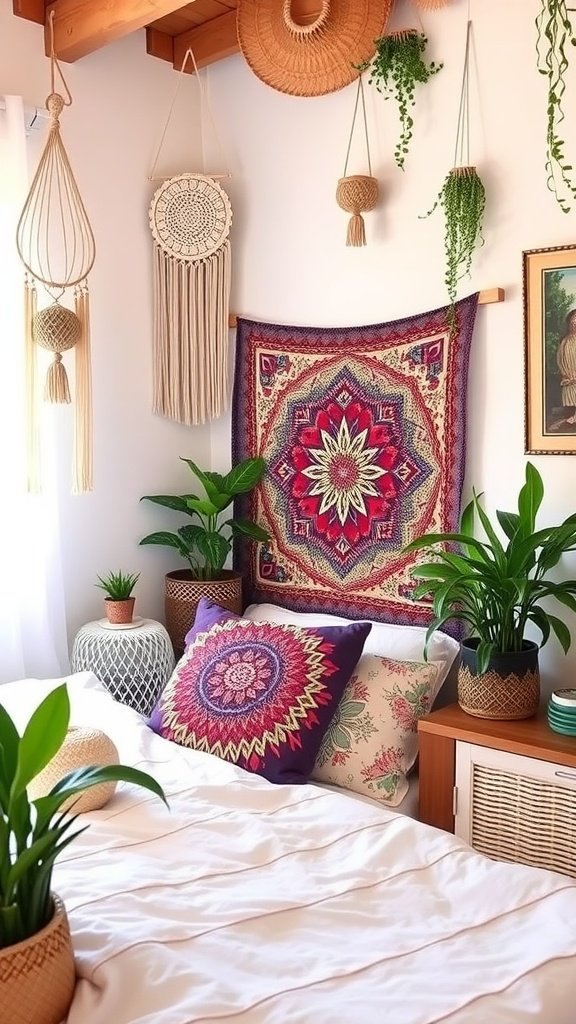 A cozy Boho bedroom for teens with colorful cushions, a tapestry, and hanging plants.