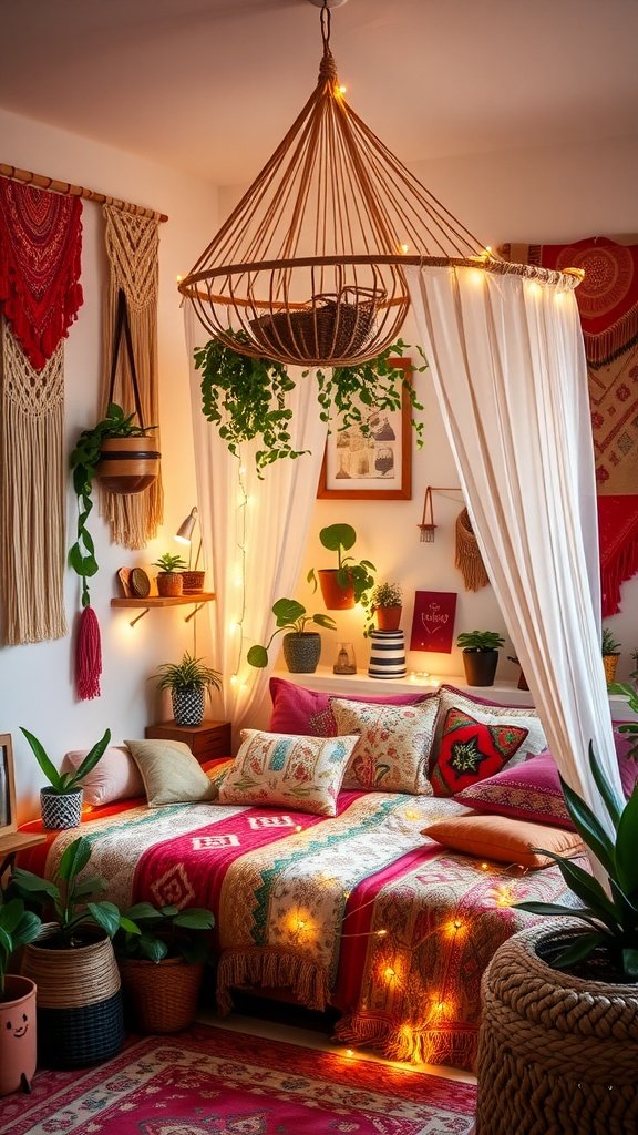 A cozy bohemian teenager's bedroom with vibrant pillows, greenery, and hanging lights.