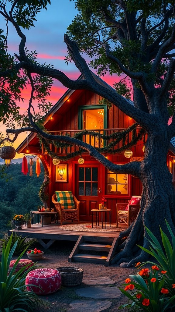 A cozy and colorful treehouse surrounded by greenery at sunset.