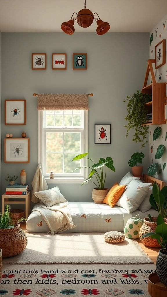 A cozy boho bedroom for kids with insect-themed art, a window seat, and plants.