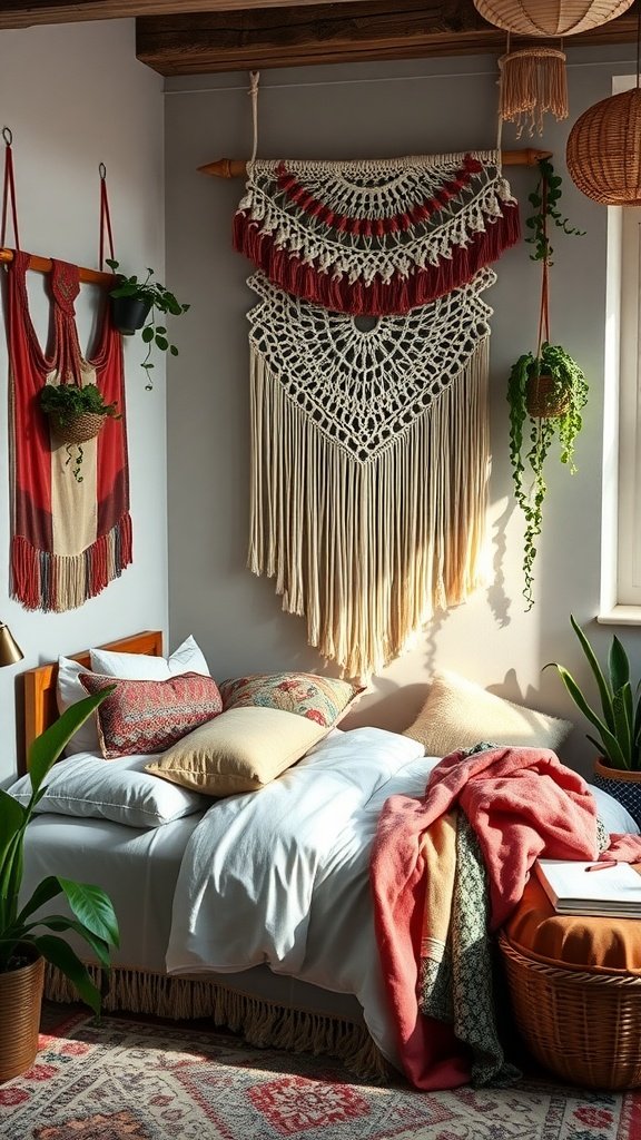 A cozy bohemian-style bedroom featuring a macrame wall art, a bed with colorful pillows, plants, and warm lighting.