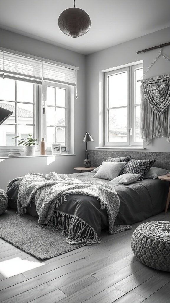 A minimalist boho bedroom featuring gray tones, cozy textures, and natural light.